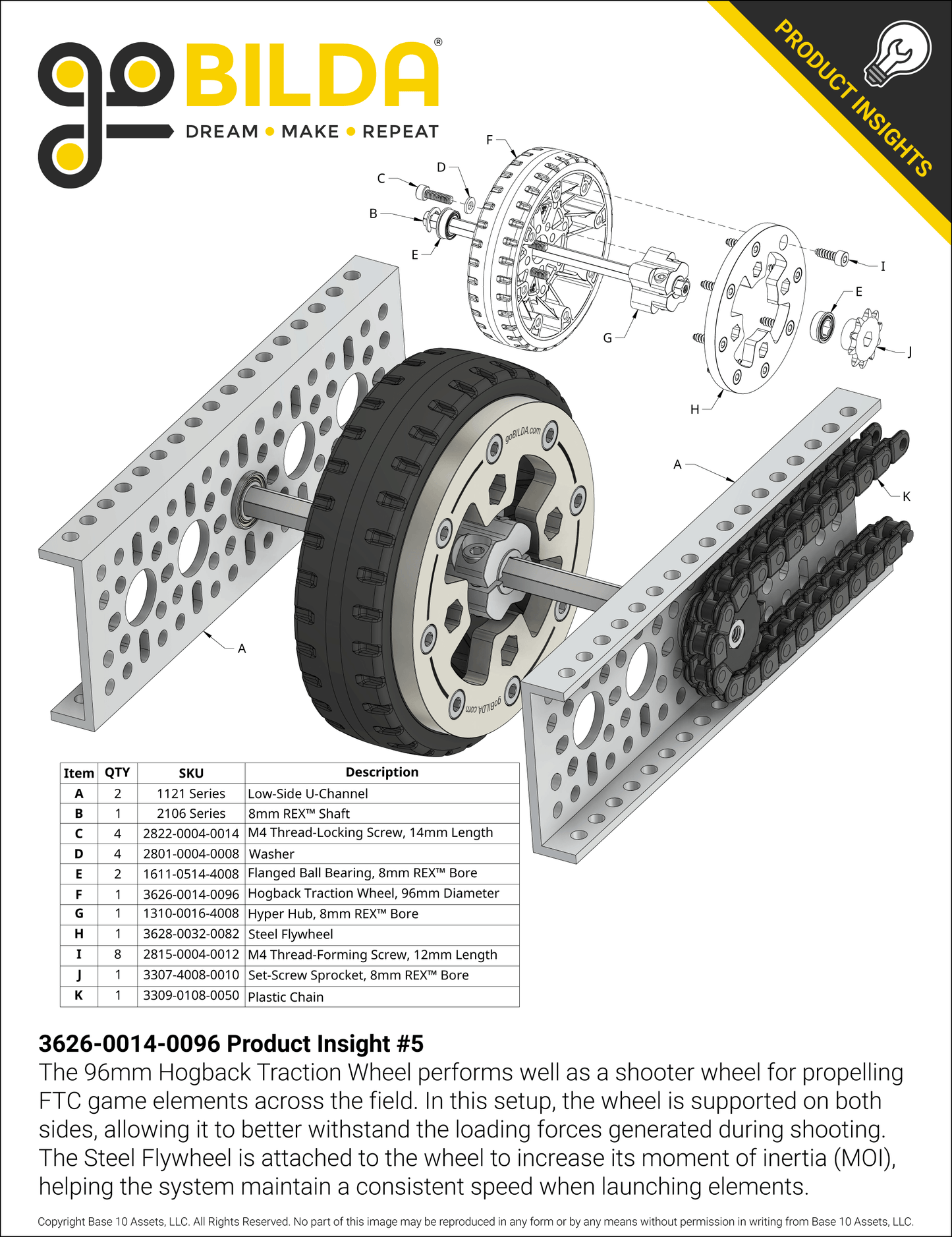Hogback Traction Wheel (96mm Diameter, 50A Durometer)
