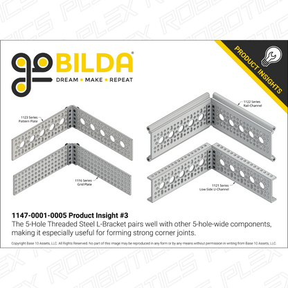 Threaded Steel L-Bracket (5 Hole) - 4 Pack