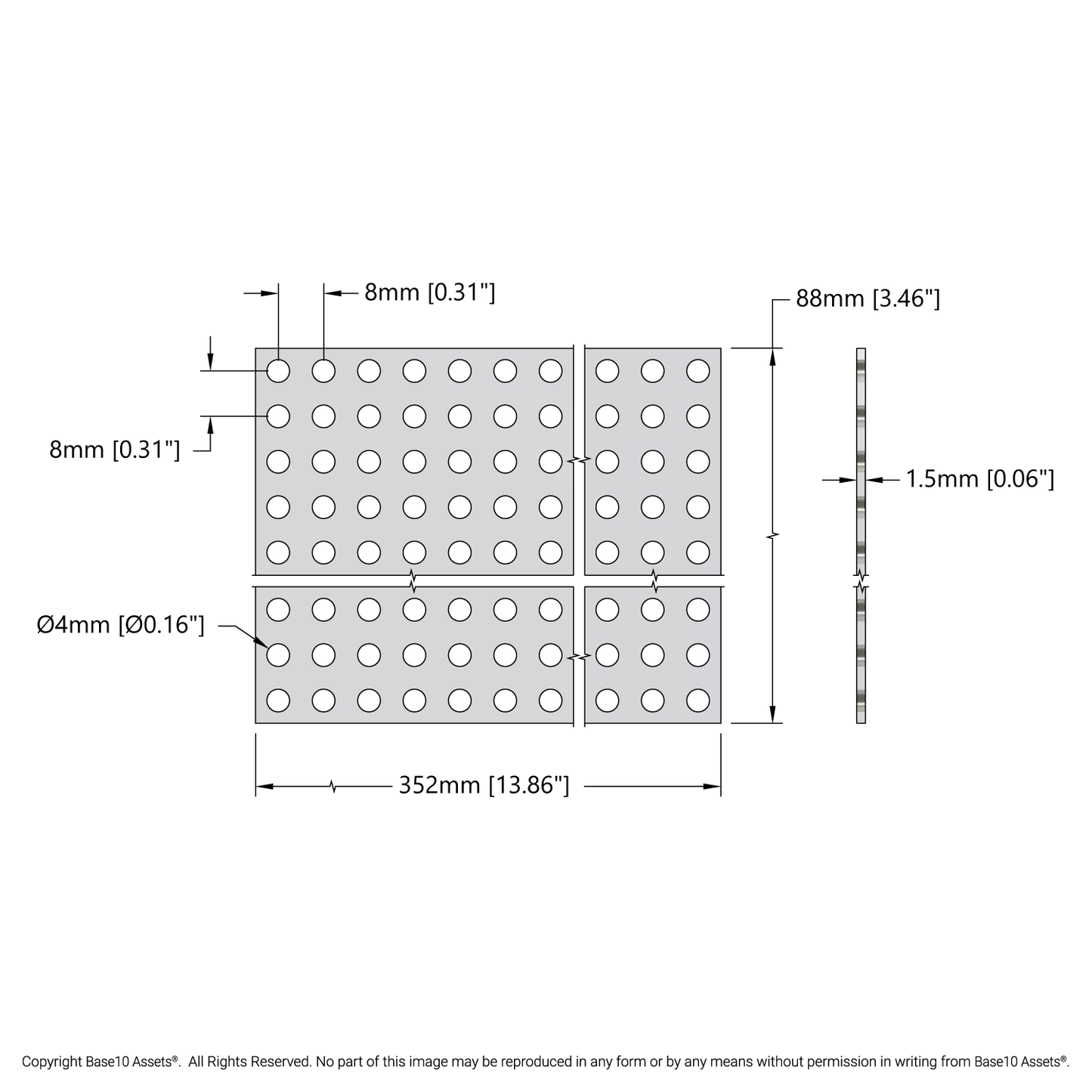 Clear Polycarbonate Grid Plate (1.5mm Thickness, 11 x 44 Hole, 88 x 352mm)