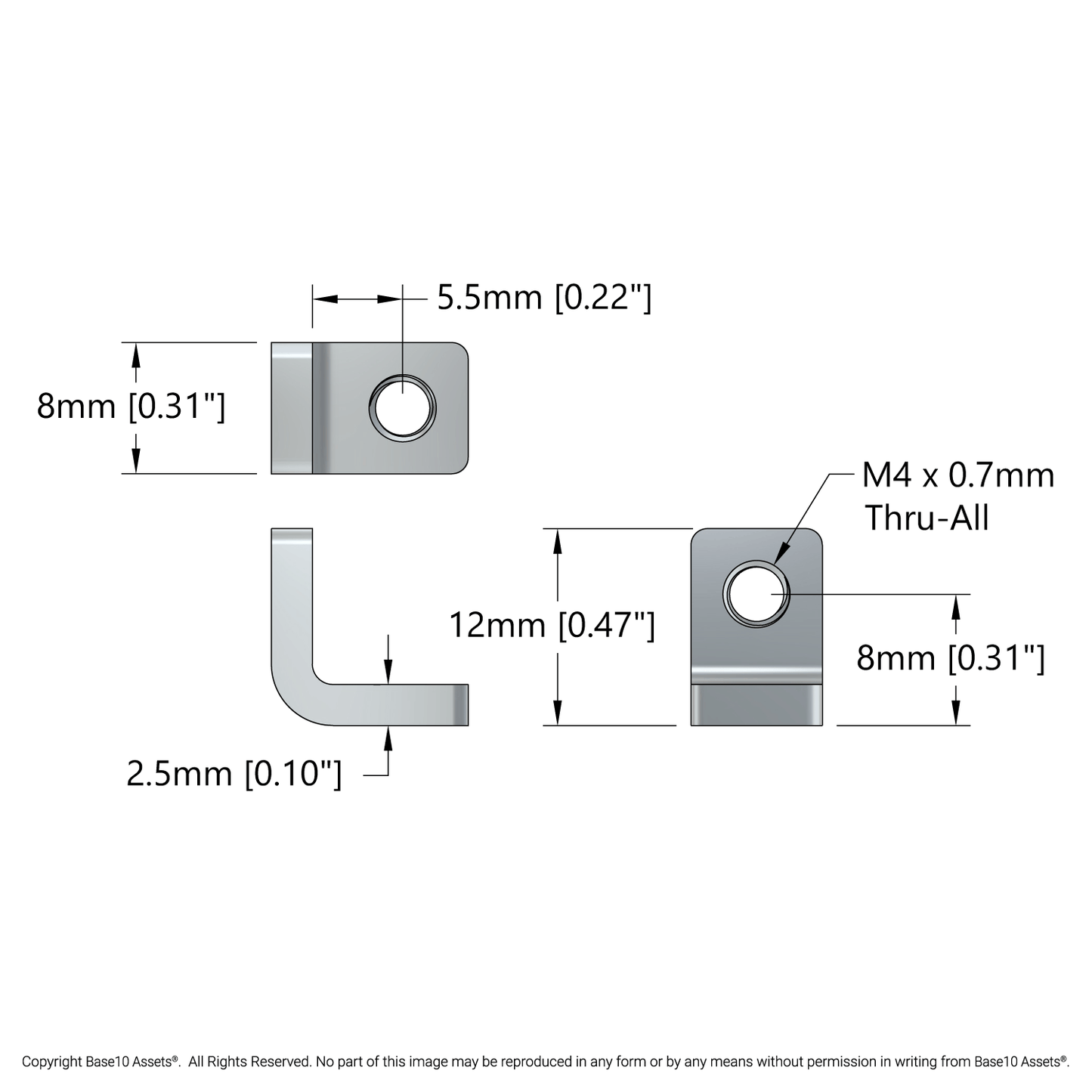 Threaded Steel L-Bracket (1 Hole) - 12 Pack