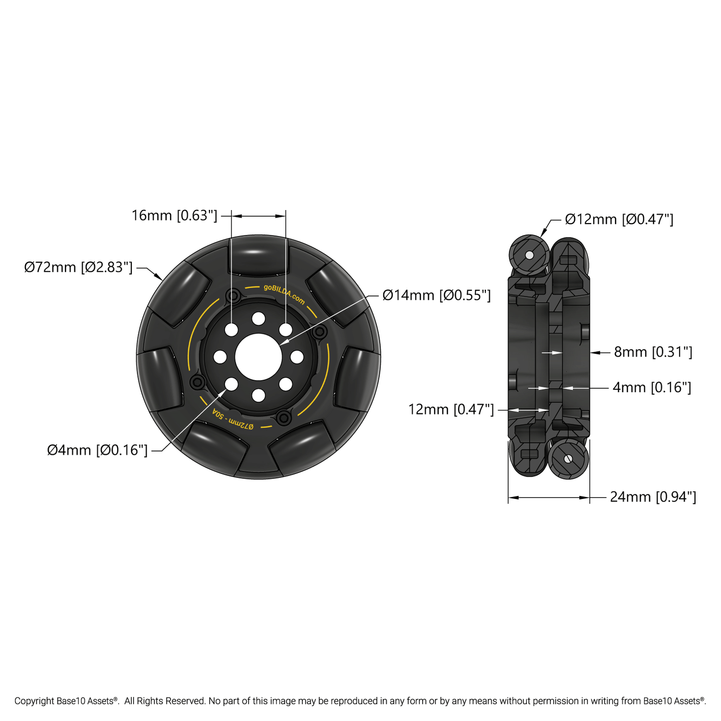 72mm Omni Wheel (14mm Bore, 50A Durometer)