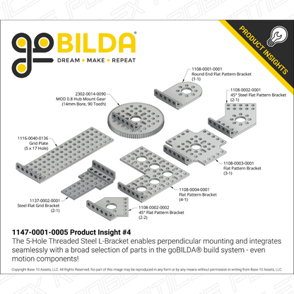 Threaded Steel L-Bracket (5 Hole) - 4 Pack