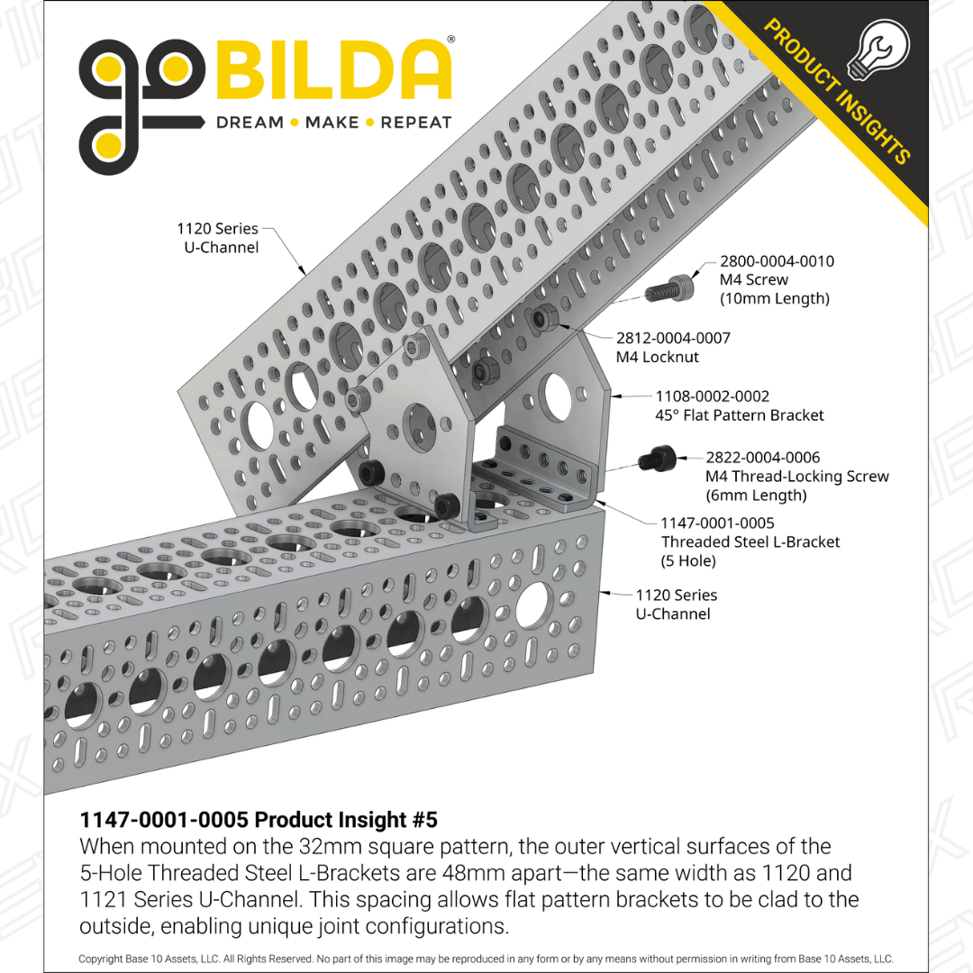 Threaded Steel L-Bracket (5 Hole) - 4 Pack