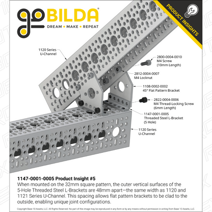 Threaded Steel L-Bracket (5 Hole) - 4 Pack