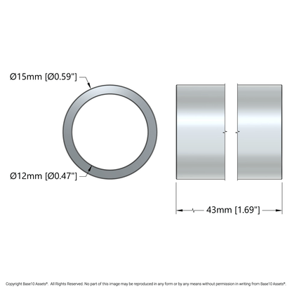 12mm ID Steel Spacer (15mm OD, 43mm Length) - 4 Pack