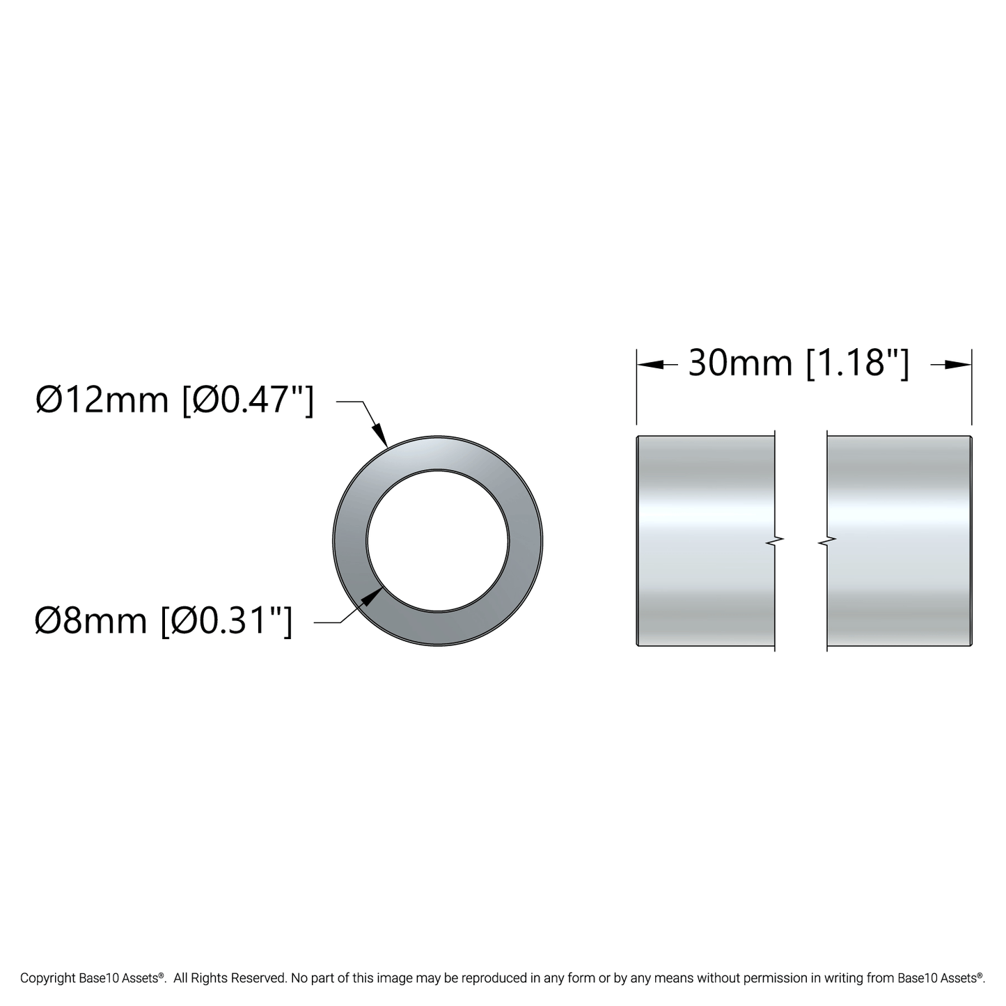 8mm ID Steel Spacer (12mm OD, 30mm Length) - 4 Pack