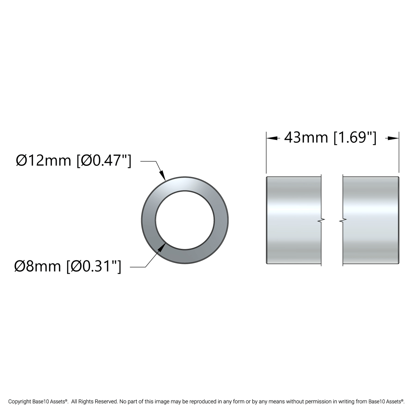 8mm ID Steel Spacer (12mm OD, 43mm Length) - 4 Pack