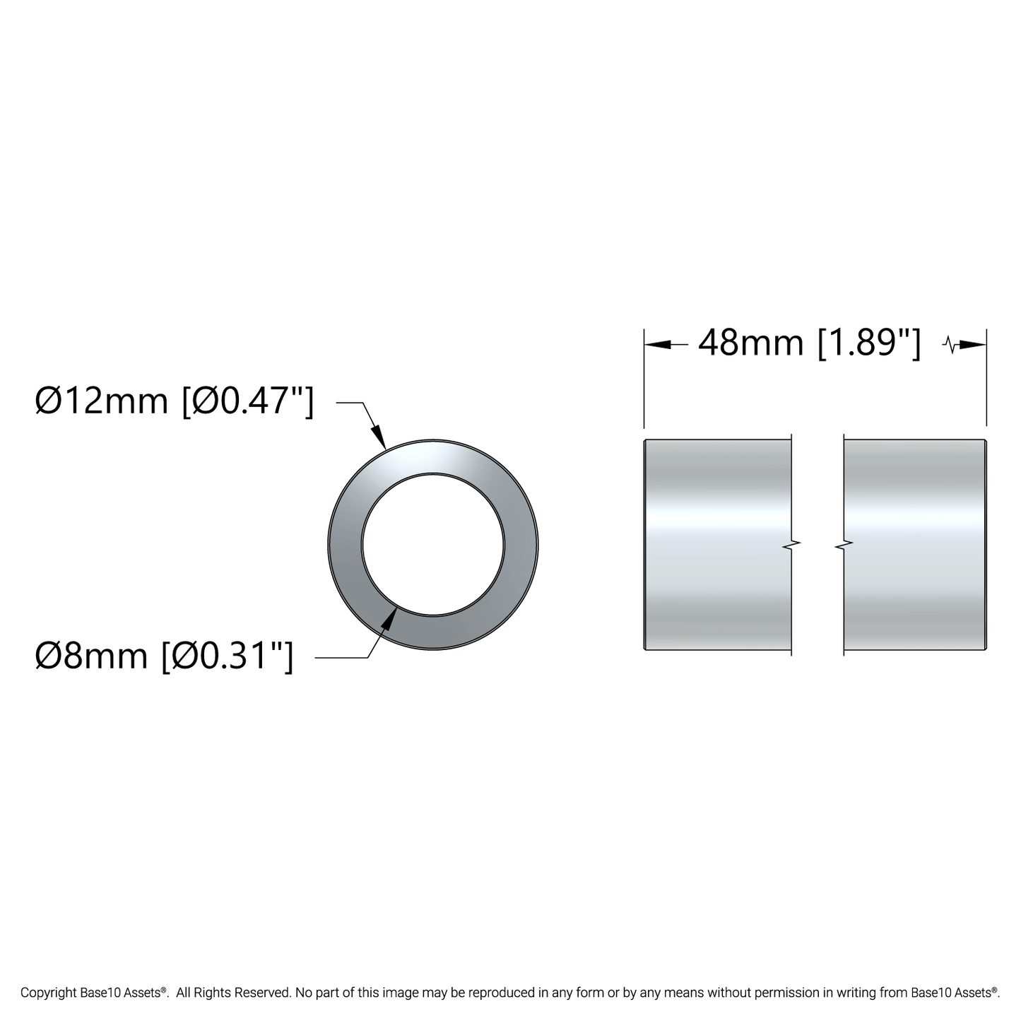 8mm ID Steel Spacer (12mm OD, 48mm Length) - 4 Pack