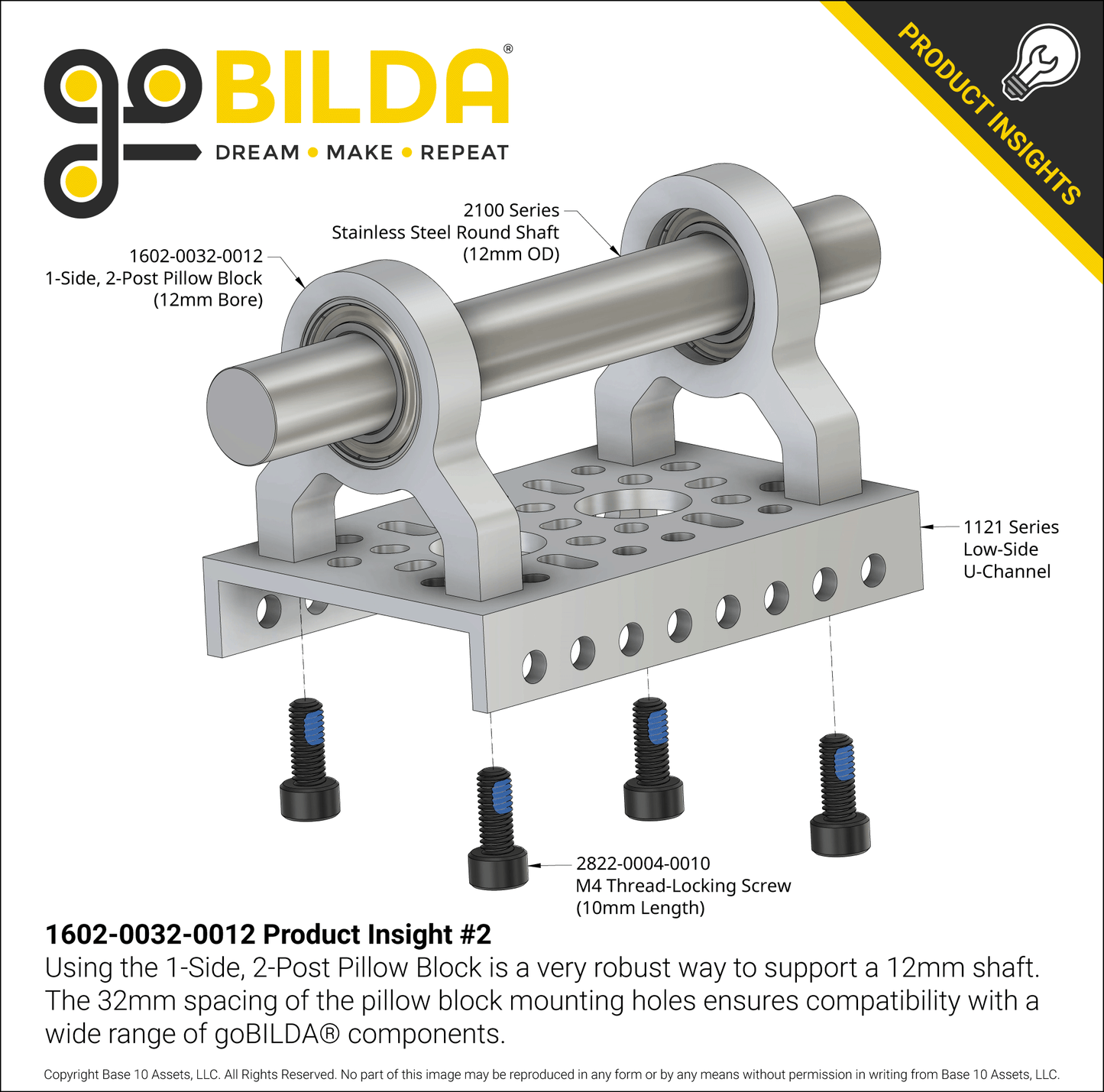 1-Side, 2-Post Pillow Block (12mm Bore)