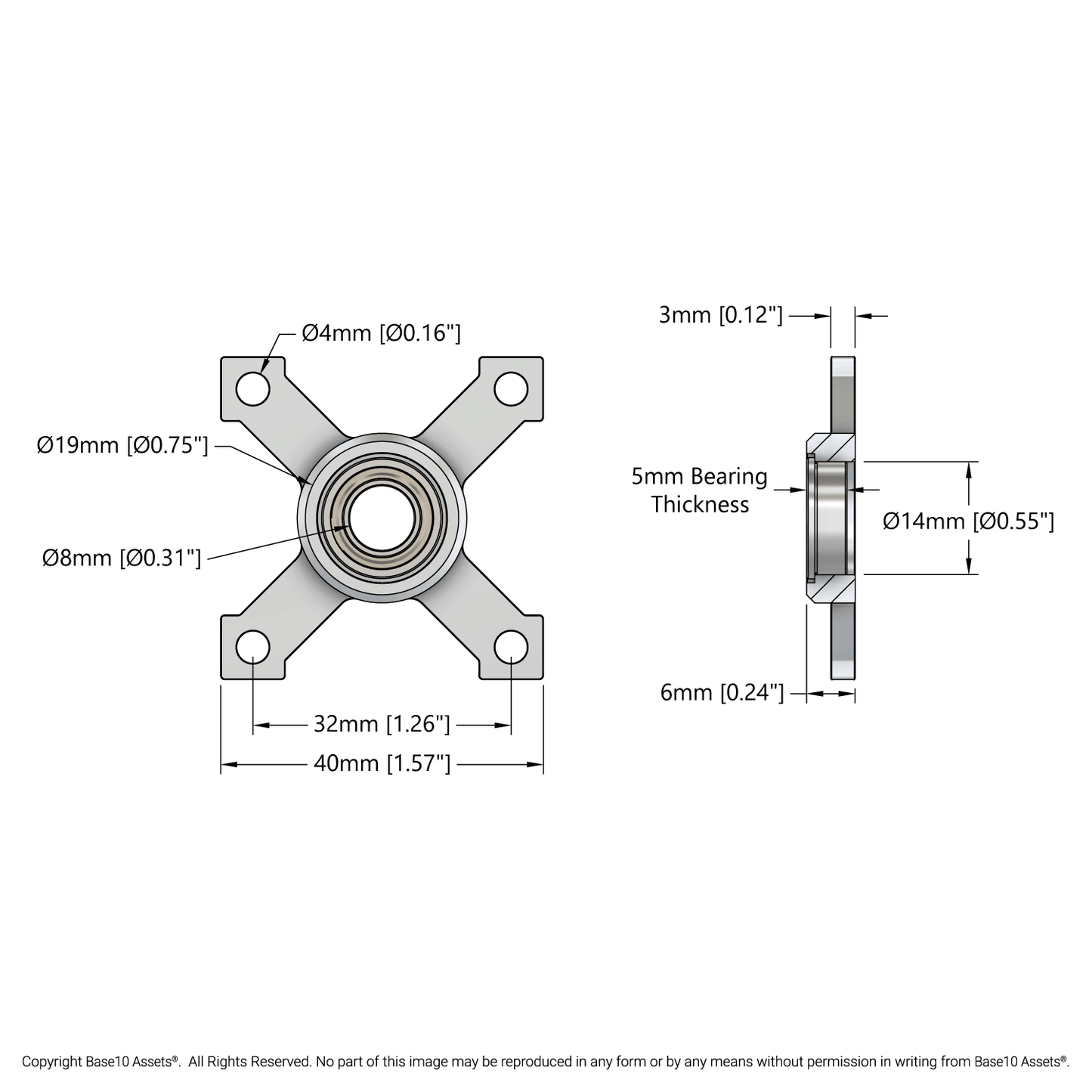 8mm Bore Face Thru-Hole Pillow Block (32mm x 32mm Mounting Pattern)