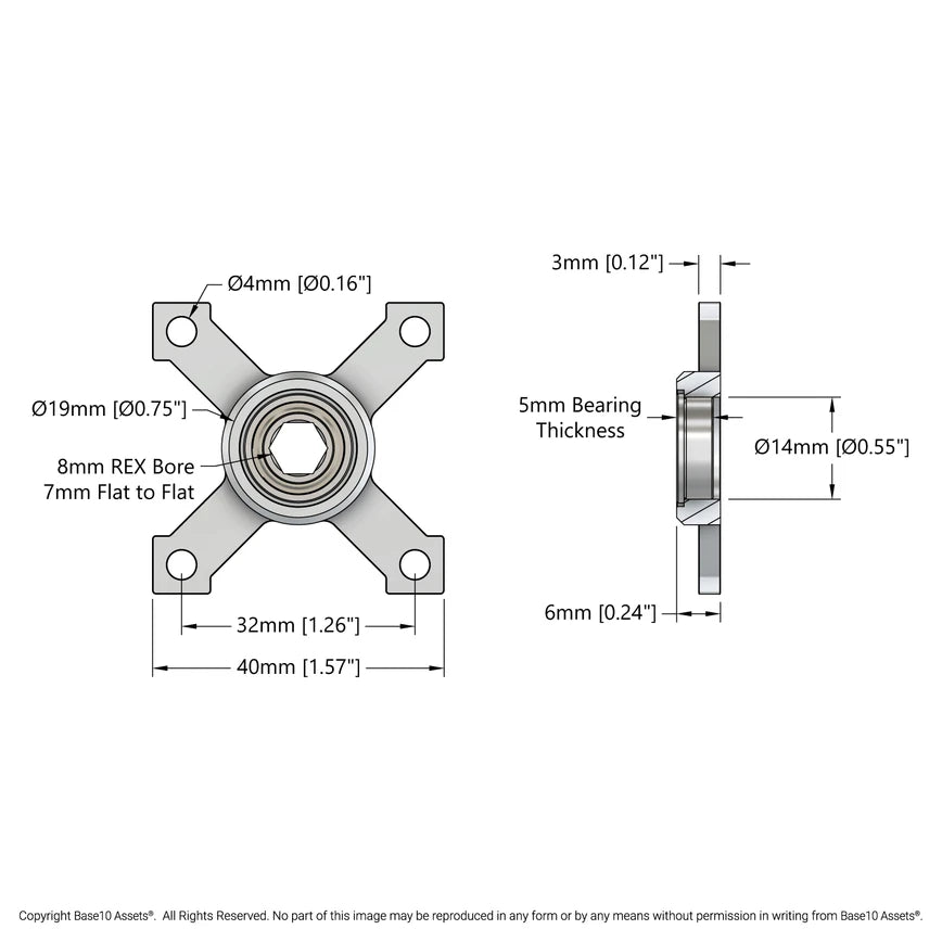 8mm REX® Bore Face Thru-Hole Pillow Block (32mm x 32mm Mounting Pattern)