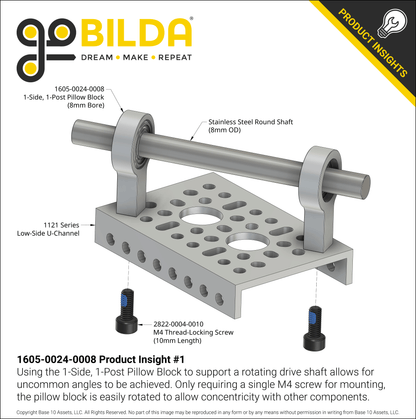 8mm Bore 1-Side, 1-Post Pillow Block (24mm Height)