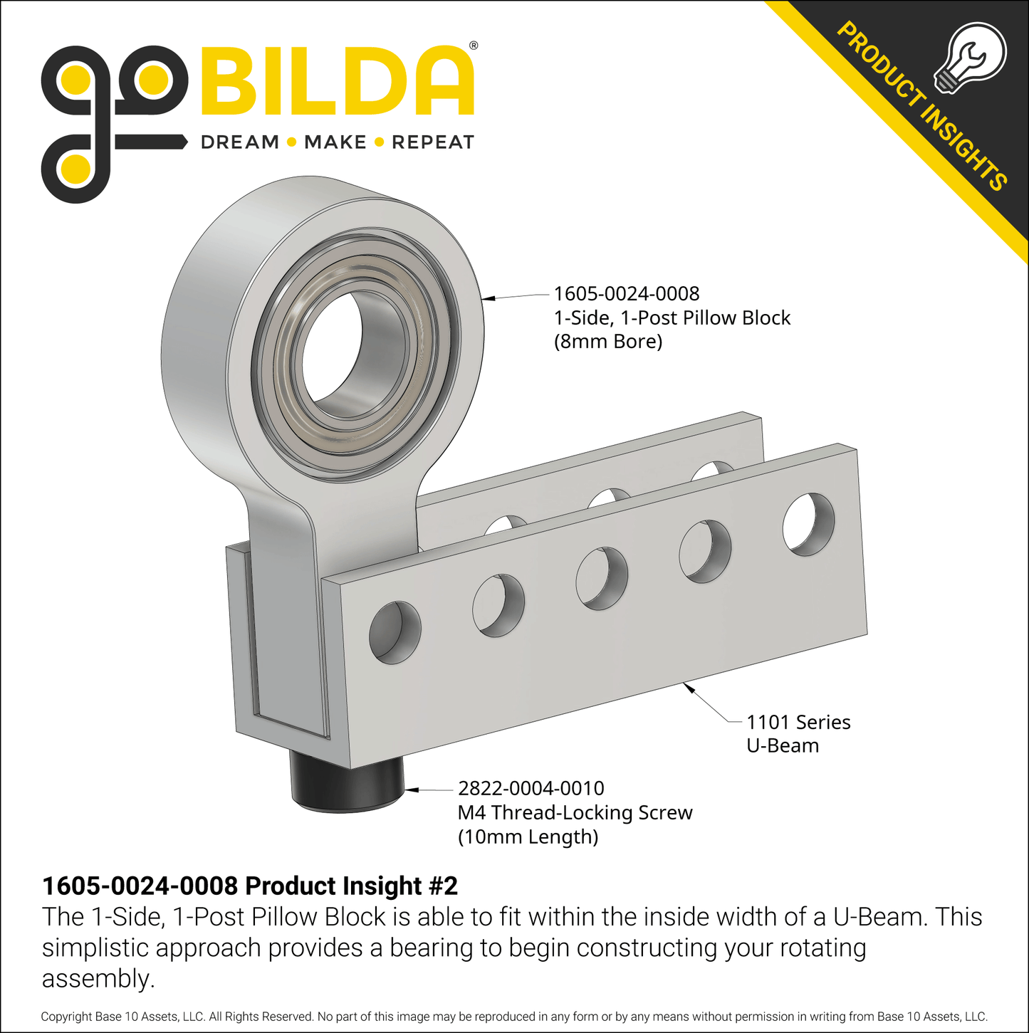 8mm Bore 1-Side, 1-Post Pillow Block (24mm Height)