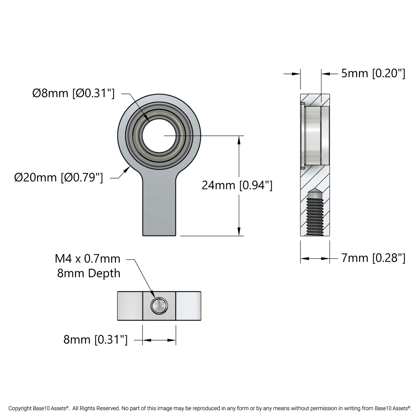 8mm Bore 1-Side, 1-Post Pillow Block (24mm Height)