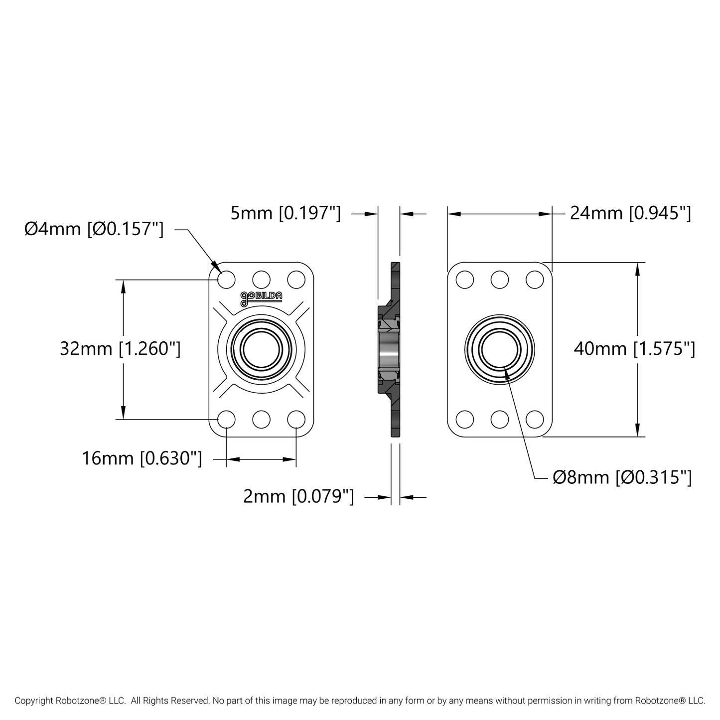 8mm Bore Flat Pillow Block (16mm x 32mm Mounting Pattern) - 2 Pack