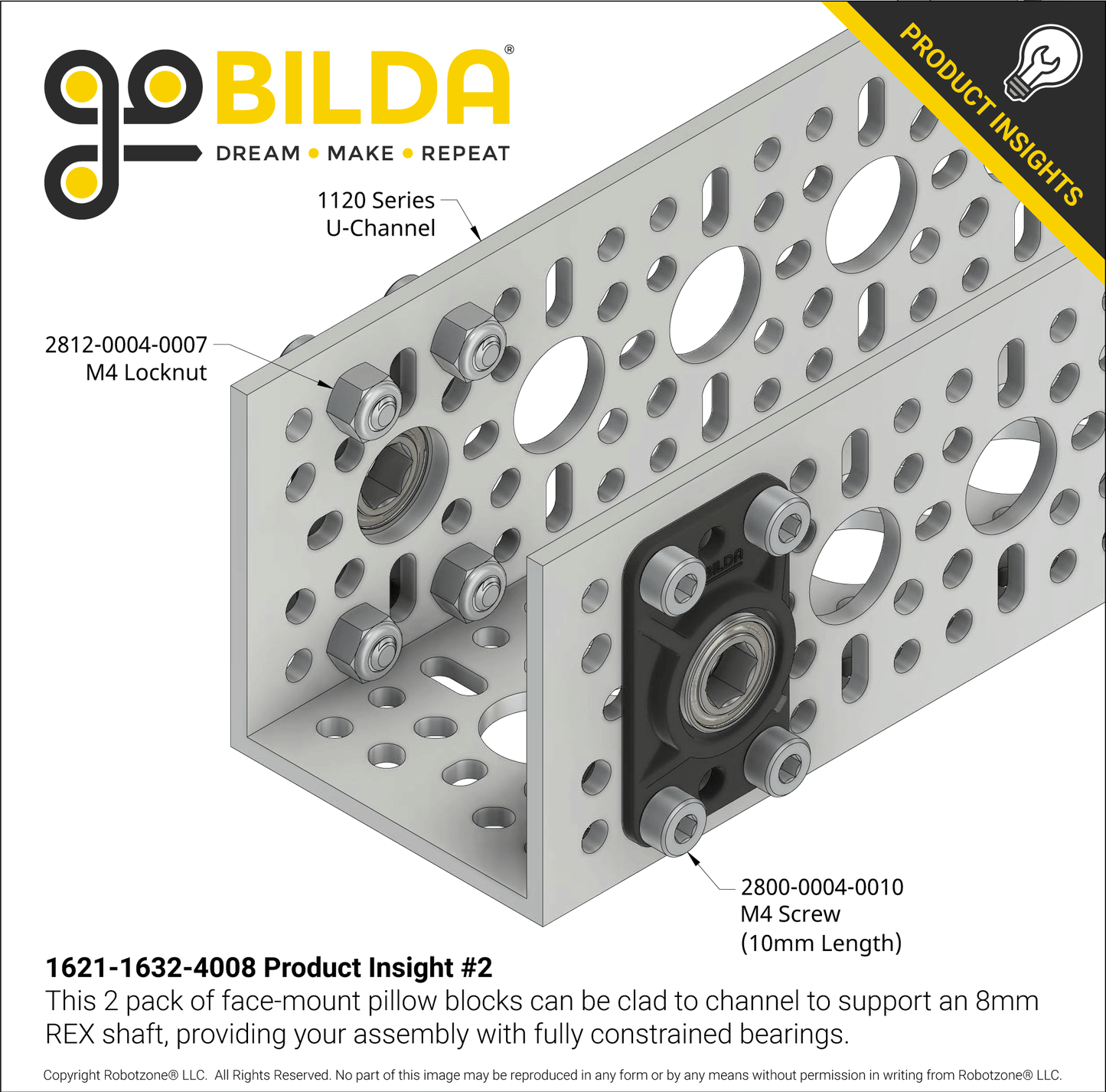 8mm REX™ Bore Flat Pillow Block (16mm x 32mm Mounting Pattern) - 2 Pack