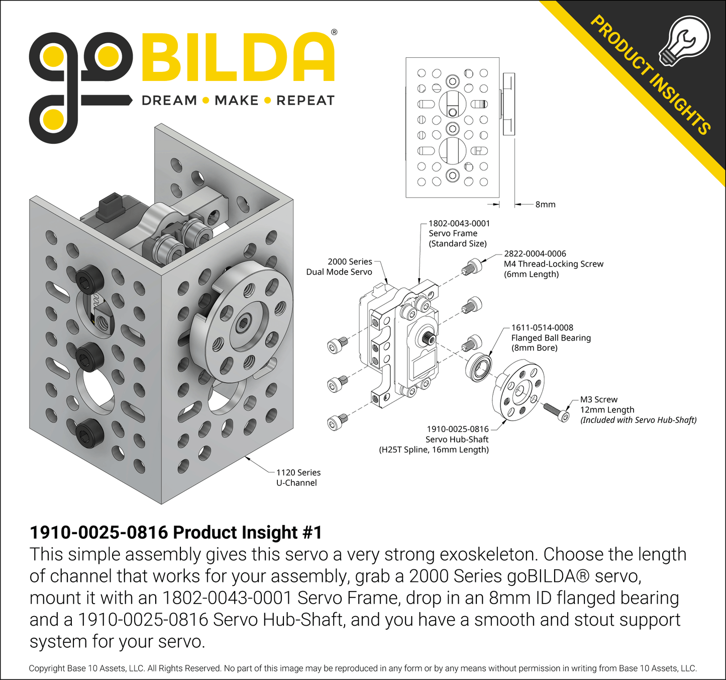 1910 Series Servo Hub-Shaft (25 Tooth Spline, 8mm Shaft Diameter, 16mm Length)