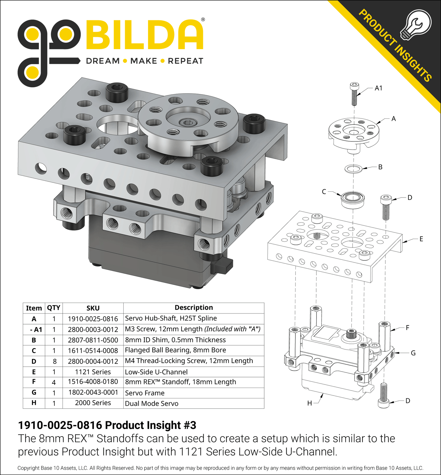 1910 Series Servo Hub-Shaft (25 Tooth Spline, 8mm Shaft Diameter, 16mm Length)