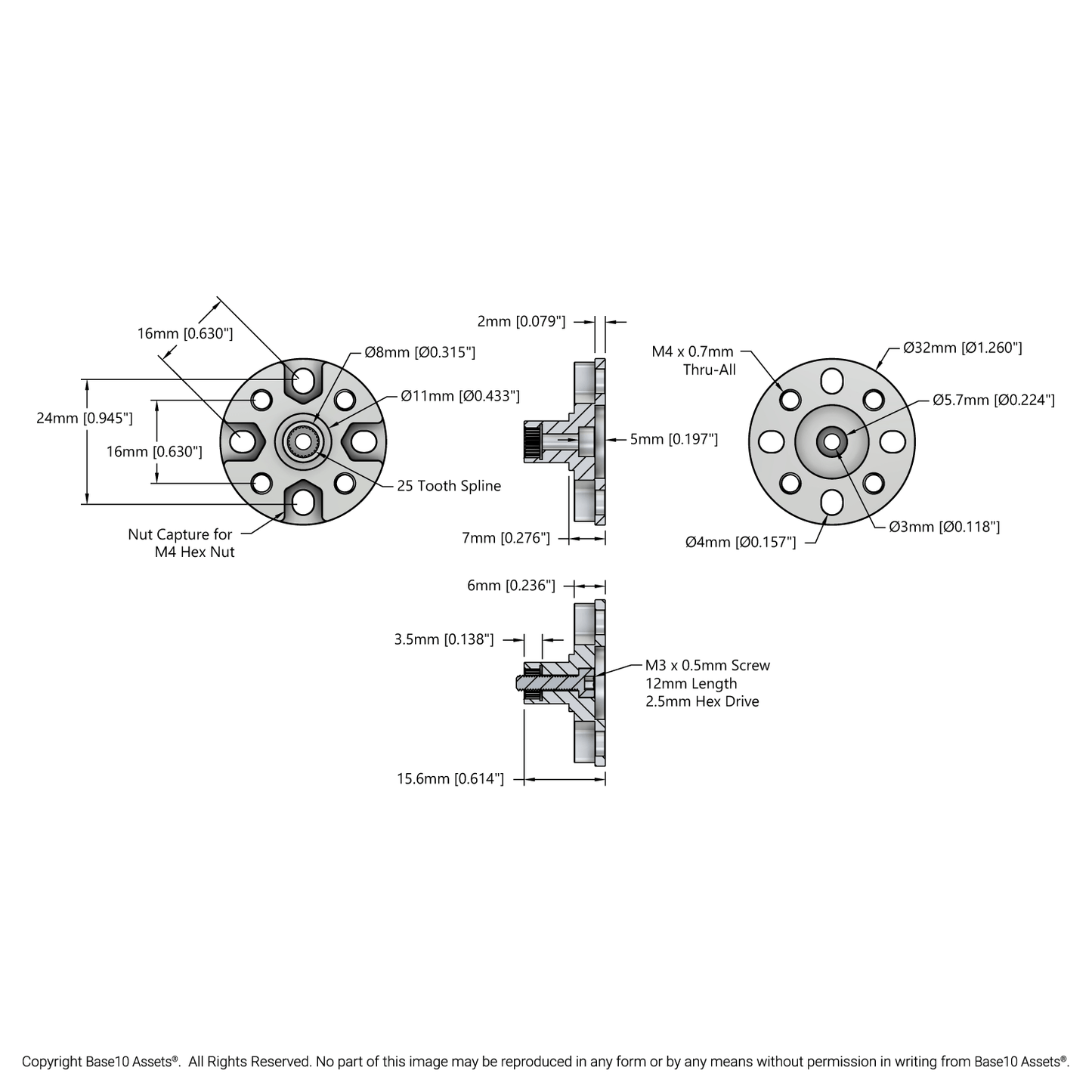 1910 Series Servo Hub-Shaft (25 Tooth Spline, 8mm Shaft Diameter, 16mm Length)