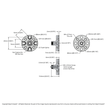 1910 Series Servo Hub-Shaft (25 Tooth Spline, 8mm Shaft Diameter, 16mm Length)
