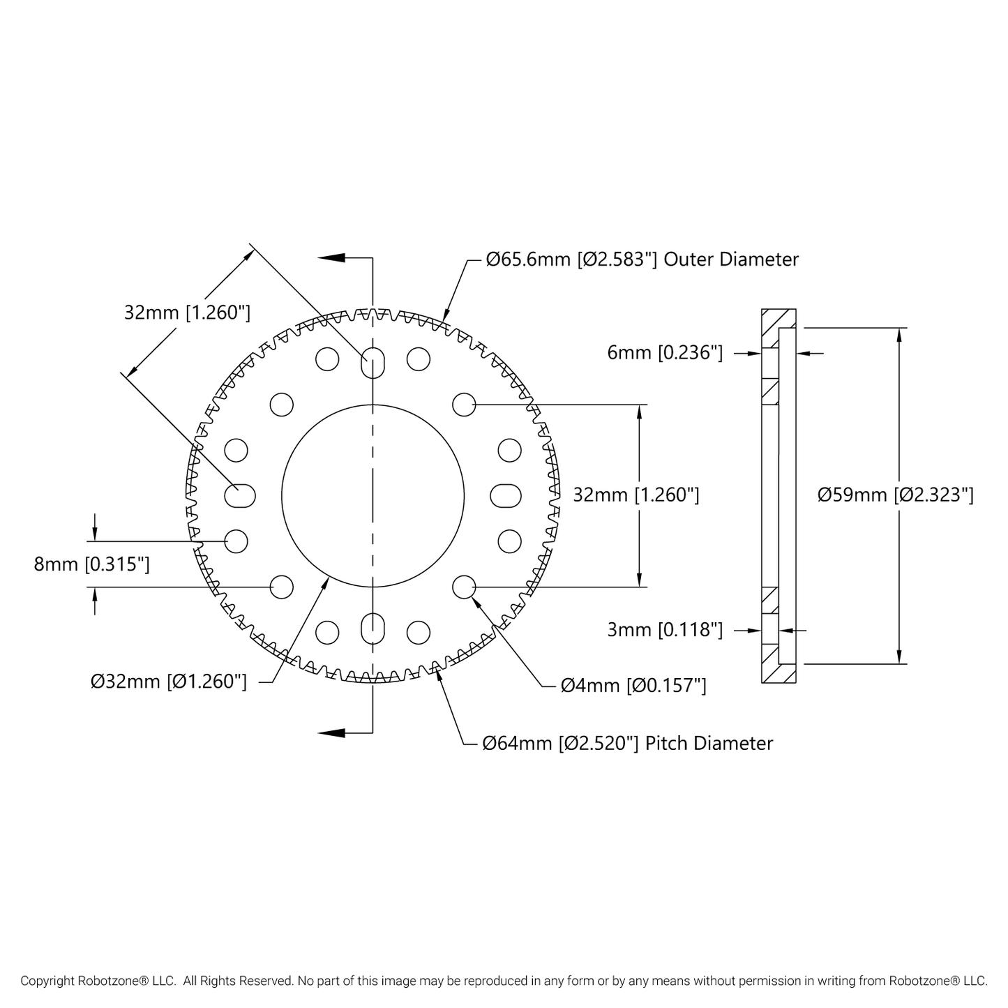 2302 Series Aluminum, MOD 0.8, Hub Mount Gear (32mm Bore)