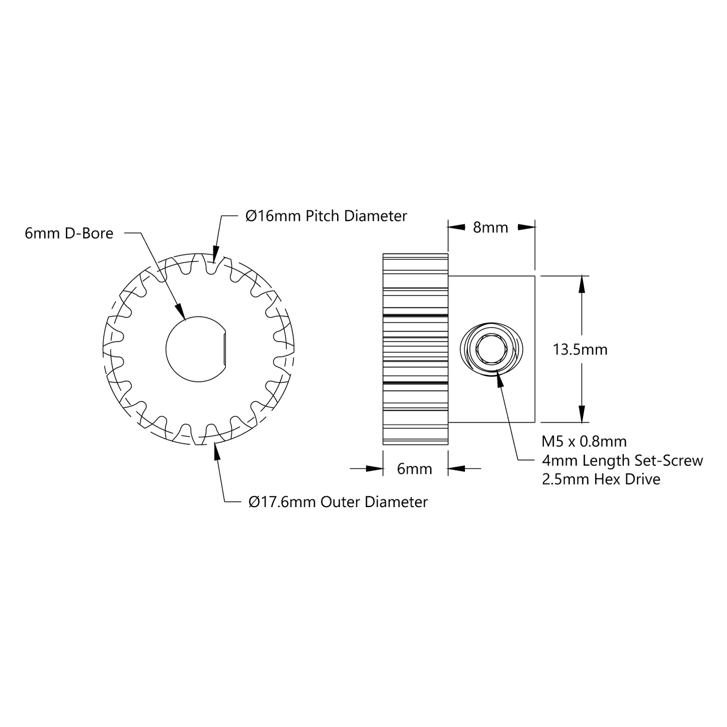 2303 Series Steel, MOD 0.8 Pinion Gear (6mm D-Bore)
