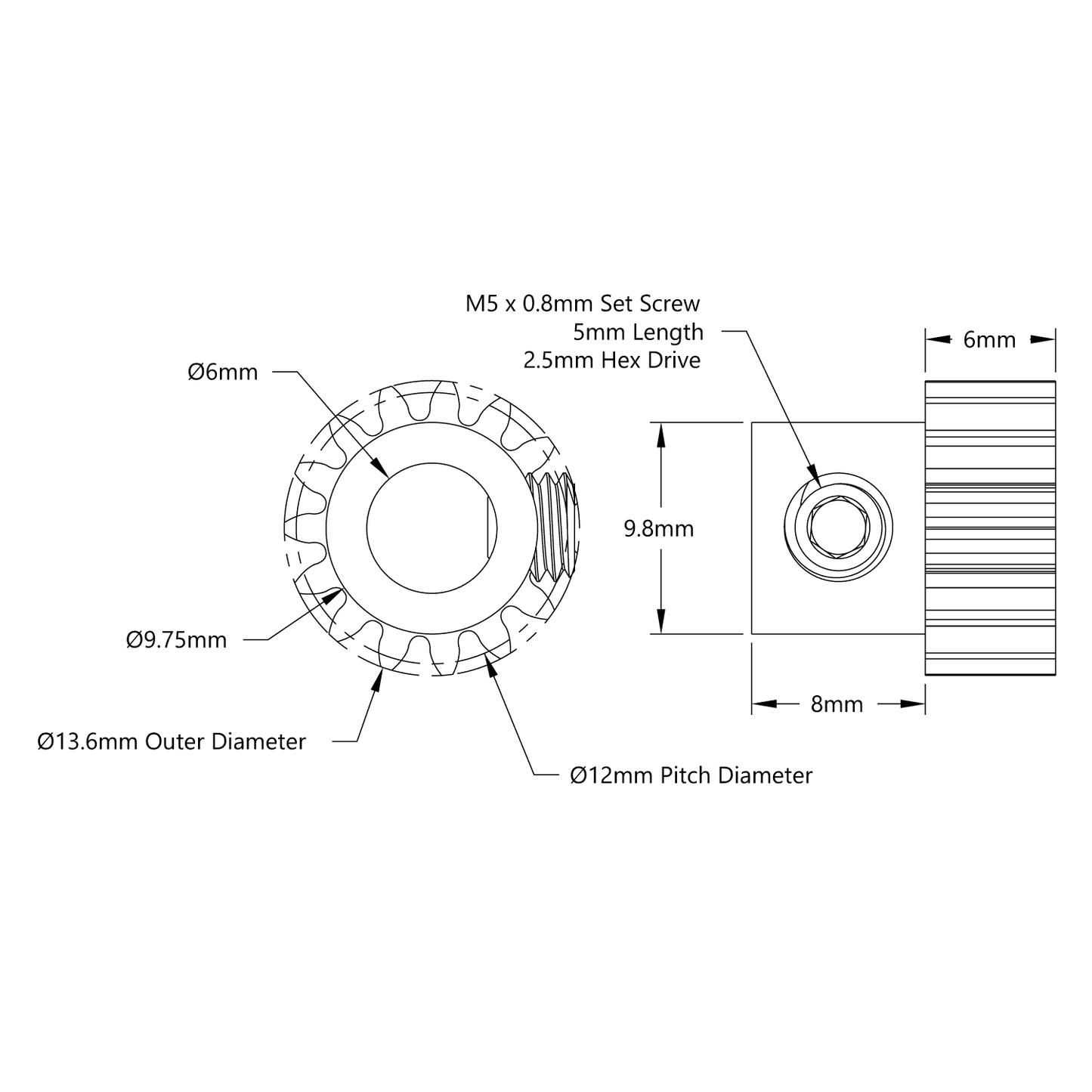 2304 Series Brass, MOD 0.8 Pinion Gear (6mm Bore)