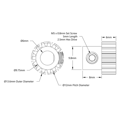 2304 Series Brass, MOD 0.8 Pinion Gear (6mm Bore)