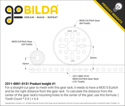Acetal MOD 0.8 Gear Rack (131 Tooth, 41 Hole)