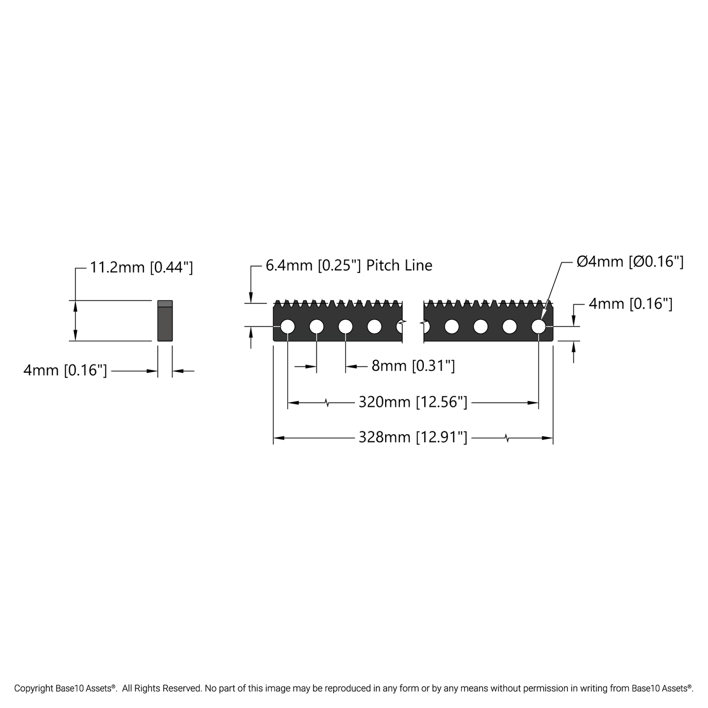 Acetal MOD 0.8 Gear Rack (131 Tooth, 41 Hole)