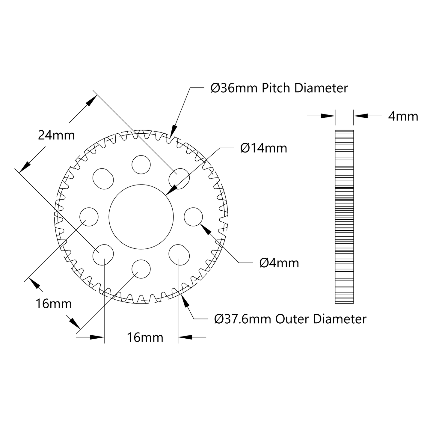 14mm Bore Hub-Mount Gear (MOD 0.8, 4mm Thick Acetal)