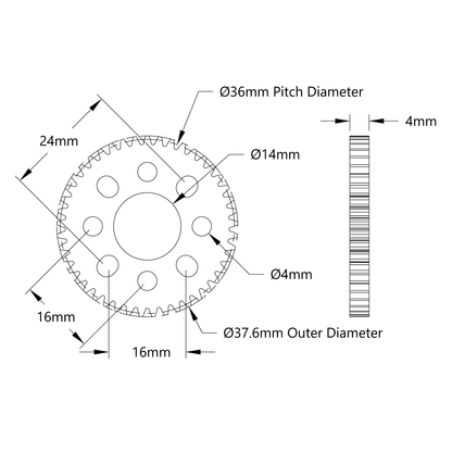 14mm Bore Hub-Mount Gear (MOD 0.8, 4mm Thick Acetal)