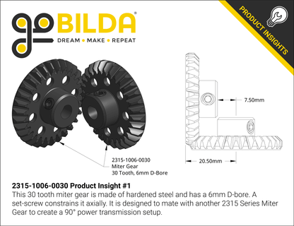 2315 Series, Steel Miter Gear (MOD 1.25, Set-Screw, 6mm D-Bore, 30 Tooth)