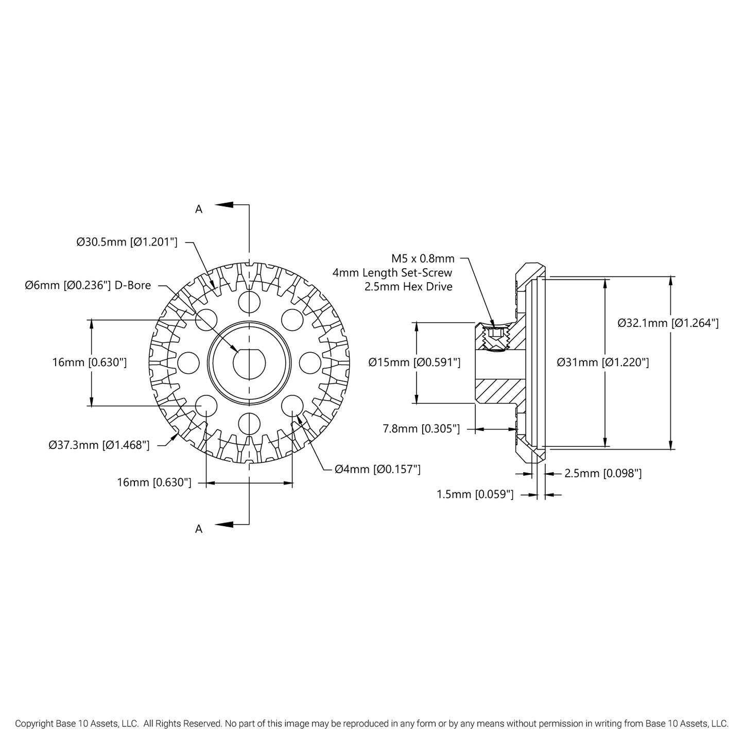 2315 Series, Steel Miter Gear (MOD 1.25, Set-Screw, 6mm D-Bore, 30 Tooth)