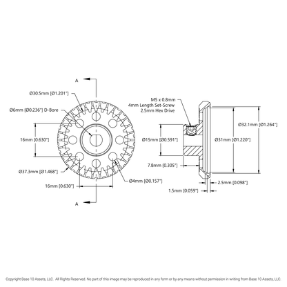 2315 Series, Steel Miter Gear (MOD 1.25, Set-Screw, 6mm D-Bore, 30 Tooth)
