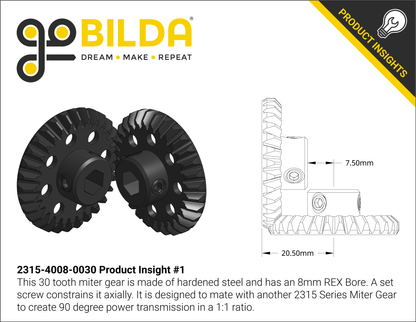 2315 Series, Steel Miter Gear (MOD 1.25, Set-Screw, 8mm REX™ Bore, 30 Tooth)