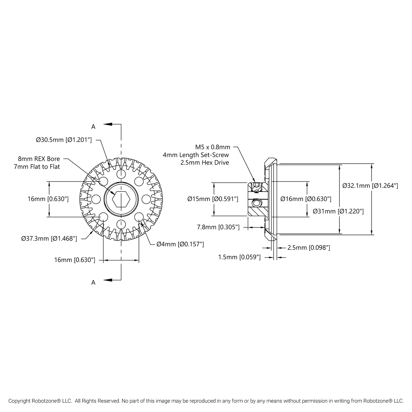2315 Series, Steel Miter Gear (MOD 1.25, Set-Screw, 8mm REX™ Bore, 30 Tooth)