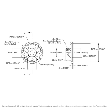 2315 Series, Steel Miter Gear (MOD 1.25, Set-Screw, 8mm REX™ Bore, 30 Tooth)