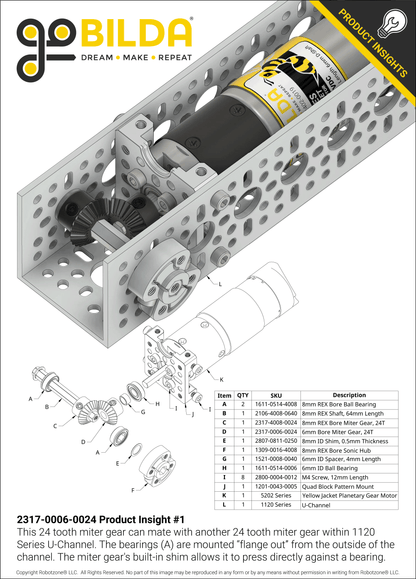 2317 Series MOD 0.8 Steel Miter Gear (Set-Screw, 6mm Round Bore, 24 Tooth)