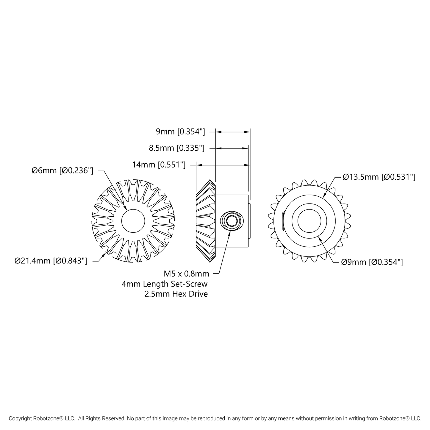 2317 Series MOD 0.8 Steel Miter Gear (Set-Screw, 6mm Round Bore, 24 Tooth)