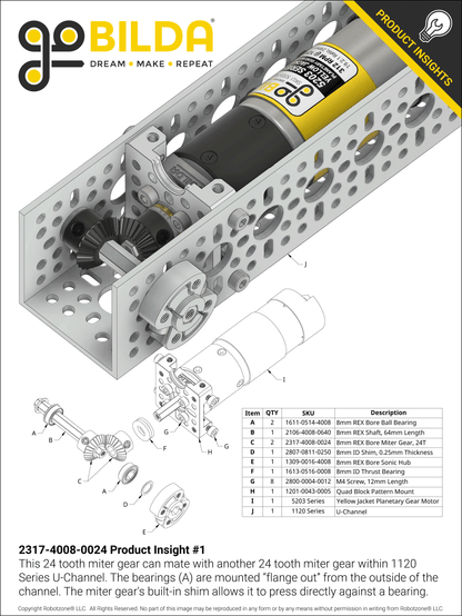 2317 Series MOD 0.8 Steel Miter Gear (Set-Screw, 8mm REX™ Bore, 24 Tooth)