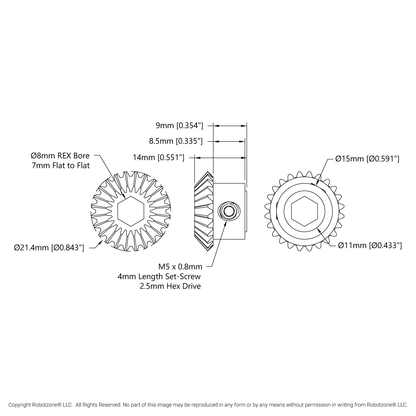 2317 Series MOD 0.8 Steel Miter Gear (Set-Screw, 8mm REX™ Bore, 24 Tooth)