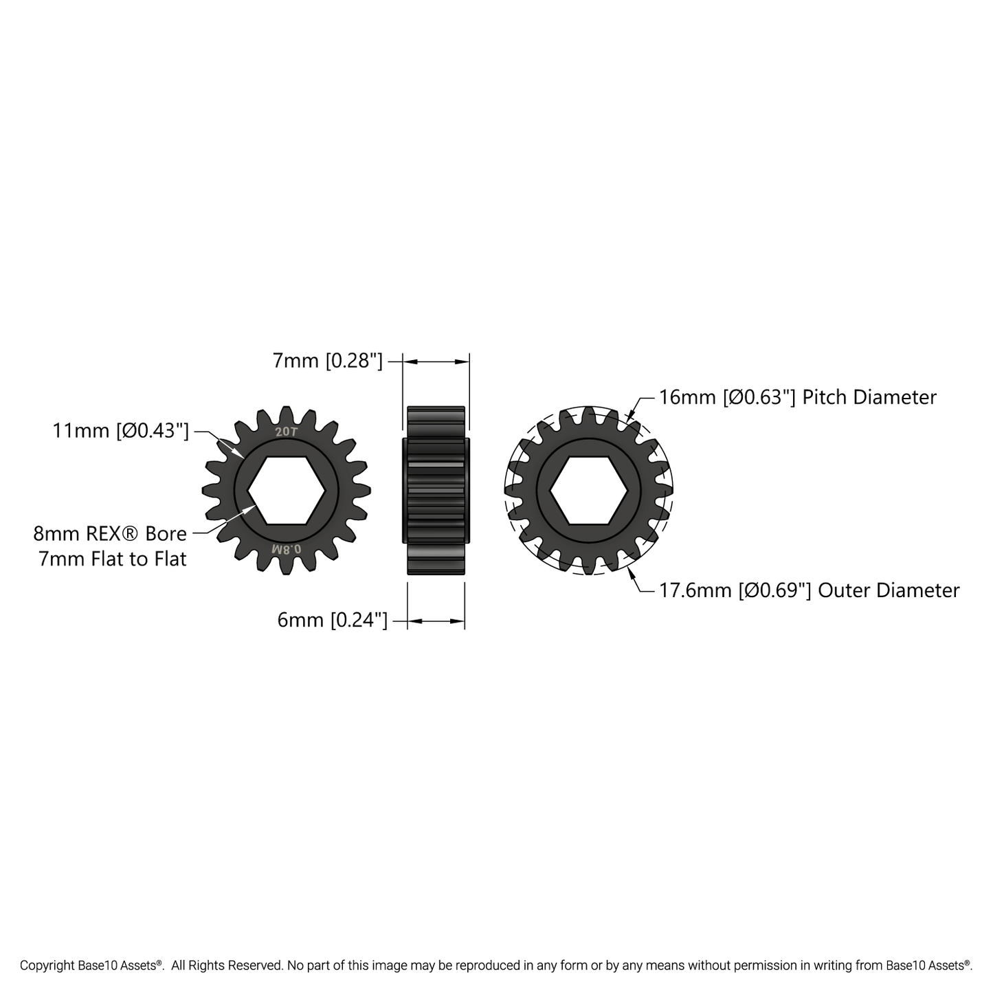 Slip-Fit Steel Pinion Gear (8mm REX® Bore, MOD 0.8, 20T)
