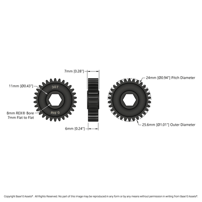 Slip-Fit Steel Pinion Gear (8mm REX® Bore, MOD 0.8, 30T)