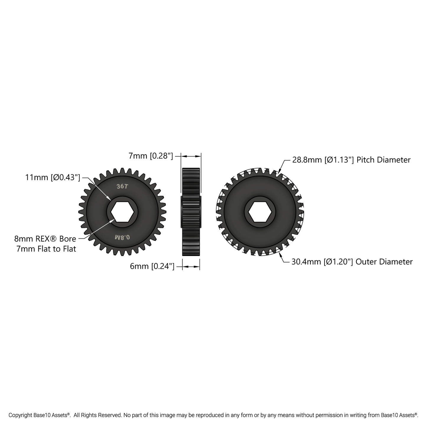 Slip-Fit Steel Pinion Gear (8mm REX® Bore, MOD 0.8, 36T)