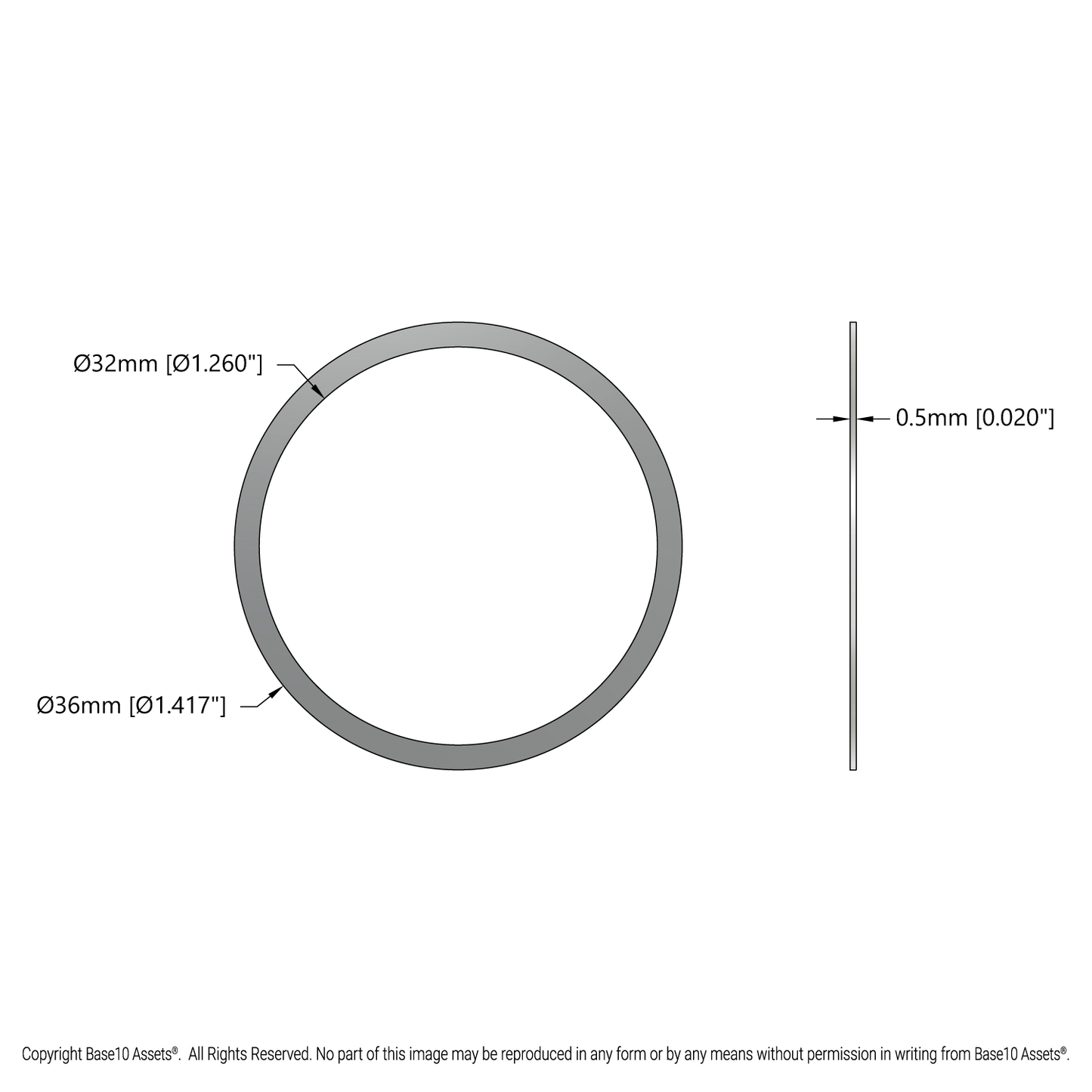 32mm ID Stainless Steel Shim (36mm OD, 0.50mm Thickness) - 12 Pack