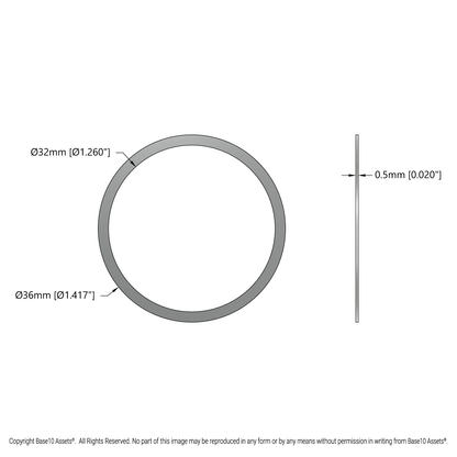 32mm ID Stainless Steel Shim (36mm OD, 0.50mm Thickness) - 12 Pack