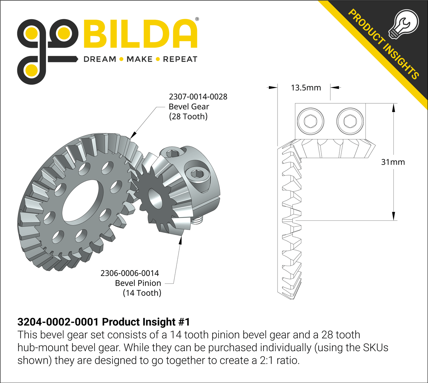 2:1 Ratio Bevel Gear Set (6mm D-Bore Pinion Gear)