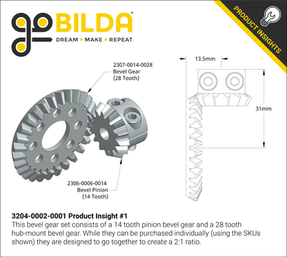 2:1 Ratio Bevel Gear Set (6mm D-Bore Pinion Gear)