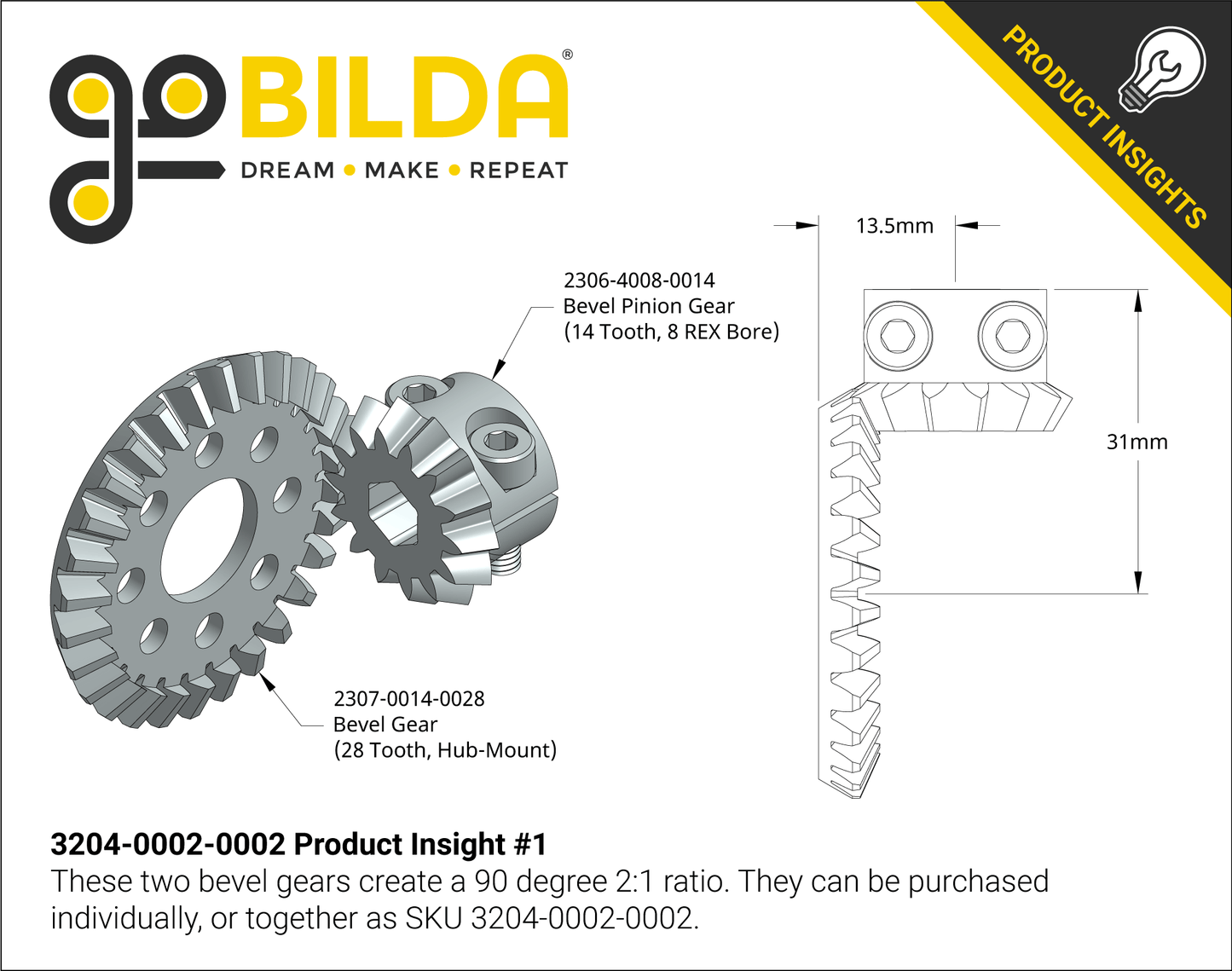 2:1 Ratio Bevel Gear Set (8mm REX™ Bore Pinion Gear)